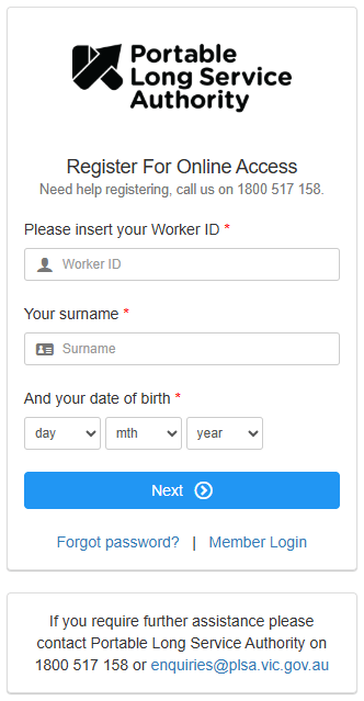 Worker portal registration page for new users